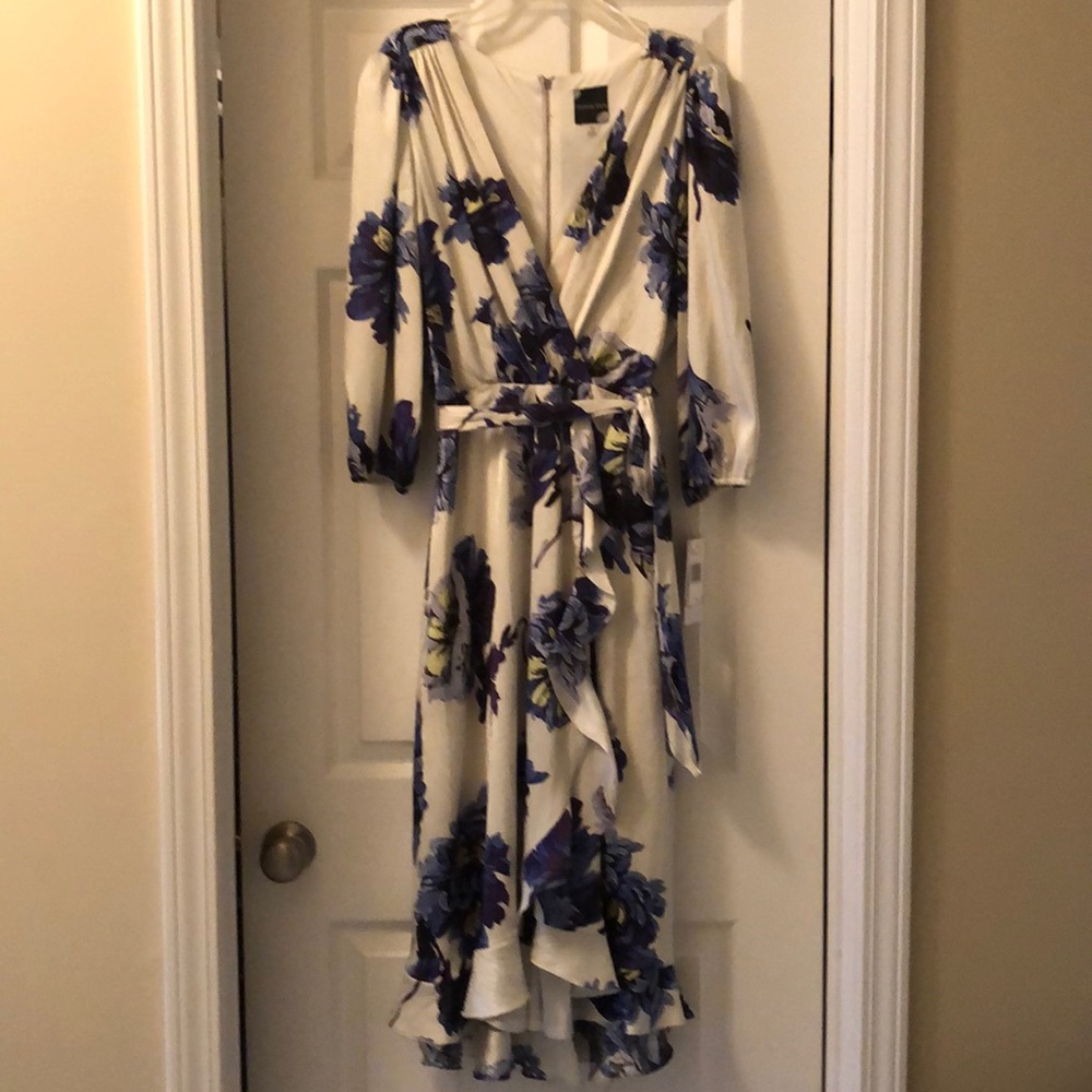 White Floral Wrap Maxi Dress with Blue Print